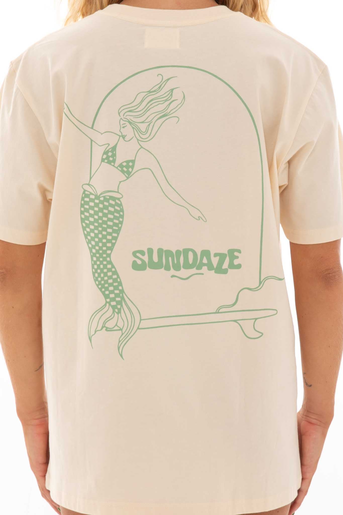 close-up of a model wearing a t-shirt with mermaid illustration on the back