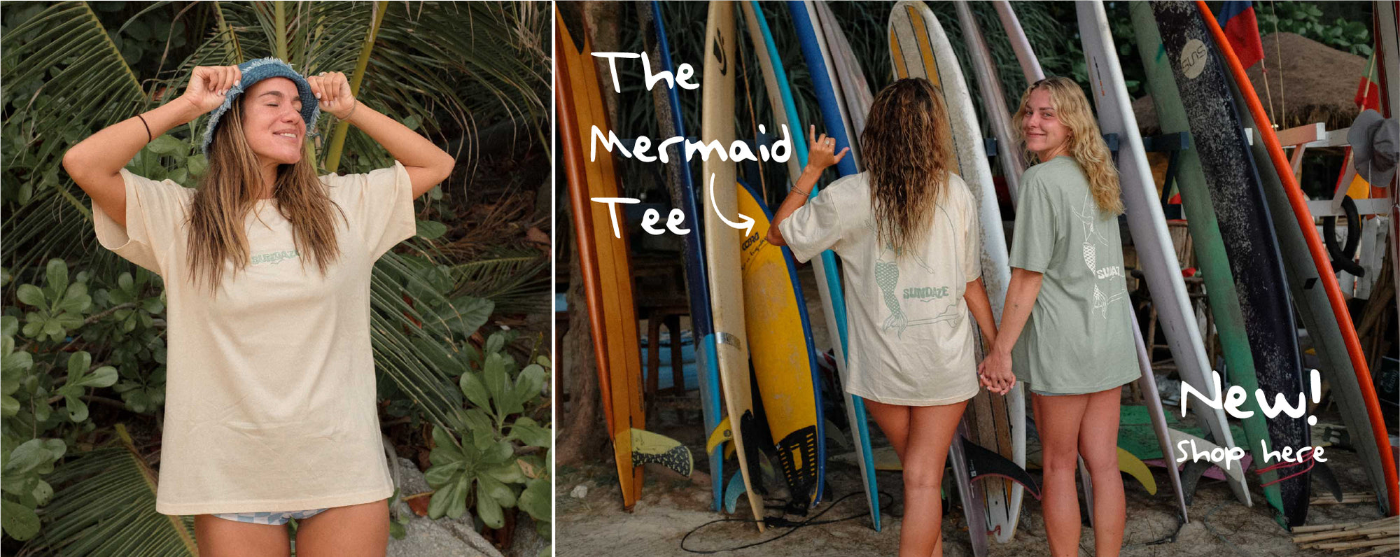 Woman holding a surf skate and wearing the mermaid tee