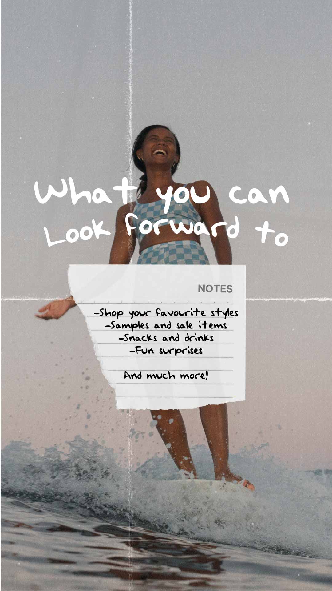 image of a woman surfing with text on the image with information about the pop up store
