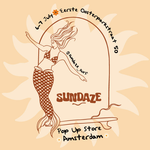 Sticker design of a surfing mermaid for the Amsterdam Pop Up Store hosted by SunDaze Surf
