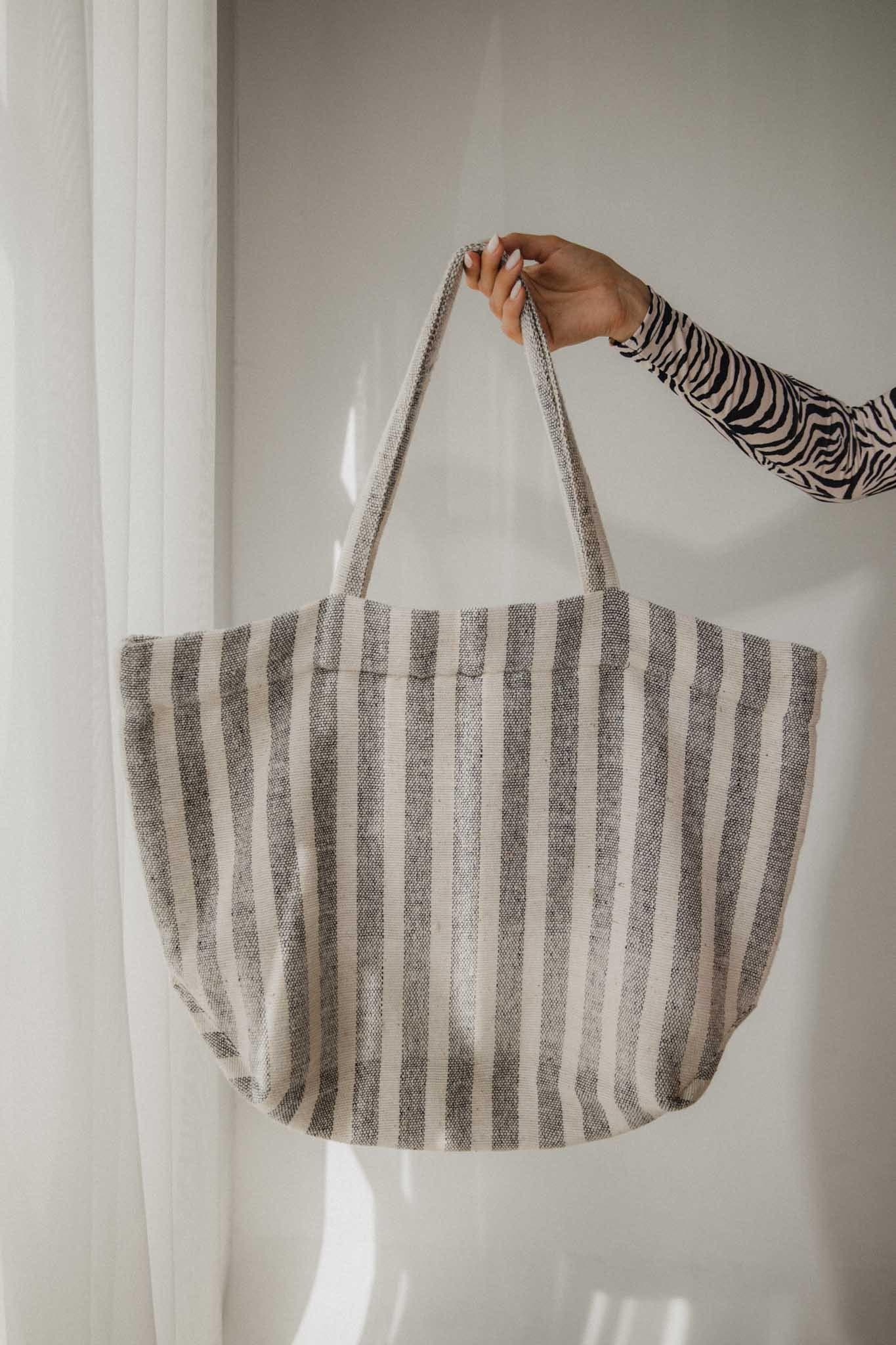 Close-up view of the Chapter One Handmade Striped Tote Bag